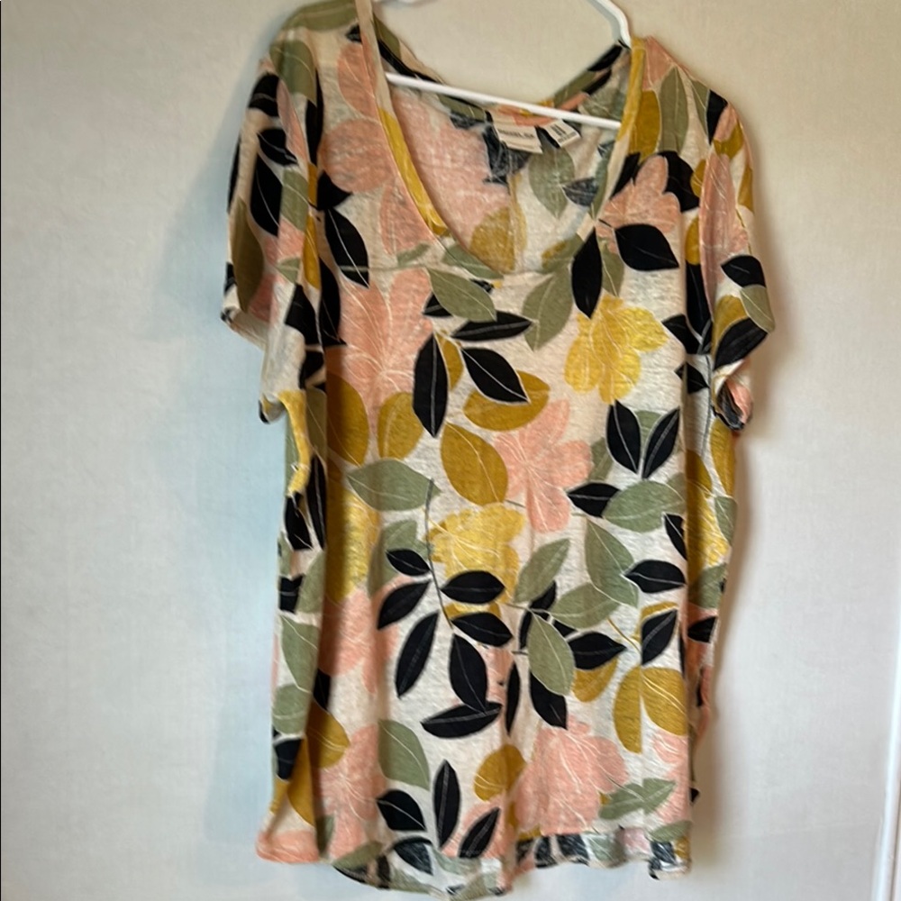 Rachel Zoe 100% Linen Floral Leaf  Scoop Neck Round Hem Top. Size XL